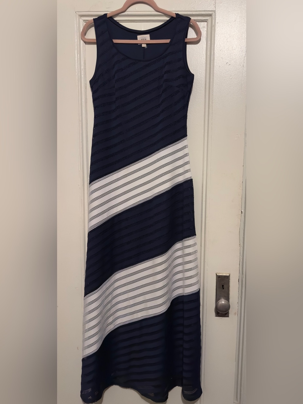 LIKE NEW ECI NY Sleeveless Navy and White Diagonal Stripe Maxi Dress. 55”L 14.”W